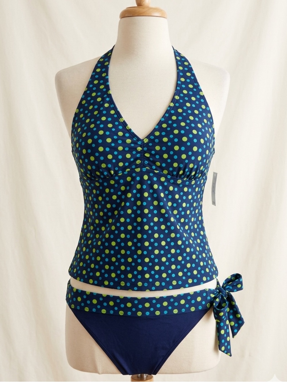 Sand N Sun Halter Tankini Two-Piece Swimsuit —Navy Blue & Lime Polka Dots 3X
